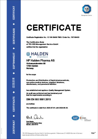 Halden Pharma - Certificate ISO 9001